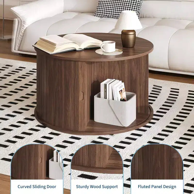 28 runder Couchtisch mit Stauraum, Mid-Century Modern Beistelltisch geriffelt mit Schiebetür für das Wohnzimmer