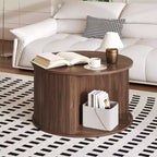 28 Round Coffee Table with Storage, Mid Century Modern Fluted Accent Table with Sliding Tambour Door for Living Room