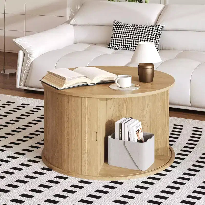 28 runder Couchtisch mit Stauraum, Mid-Century Modern Beistelltisch geriffelt mit Schiebetür für das Wohnzimmer