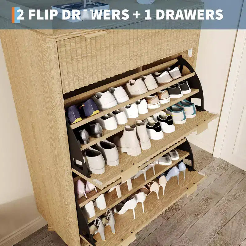Gerillter Schuhschrank mit 2 Klappfächern, freistehender versteckter Schuh-Organizer, schmaler Schuhschrank für Flur Wohnzimmer