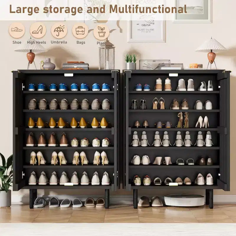 Schmaler Schuhschrank mit atmungsaktiven Lamellentüren, 6-stöckiger moderner versteckter Schuhregal, freistehender Eingangsschrank für Garderobe und Flur, Schwarz
