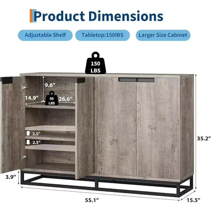 Sideboard Buffet Schrank, Akzentschrank mit 4 Türen und verstellbaren Einlegeböden, Küchenbuffetschrank, Esszimmer, Eingangsbereich, Wohnzimmer