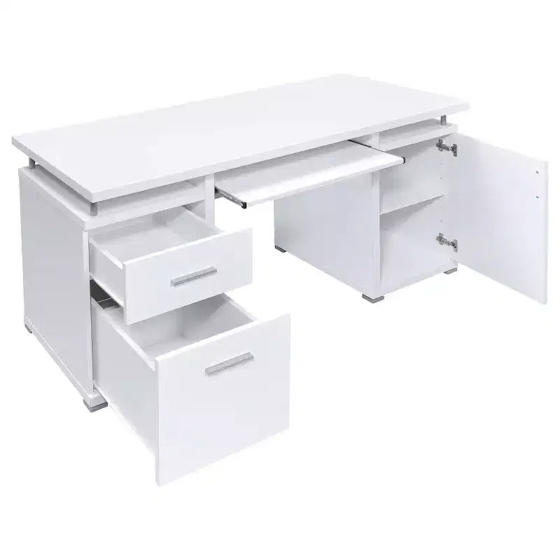55 Holztisch, Bürotisch mit 2 Schubladen, 1 Schrank, 1 offenem Regal, 1 Tür, Arbeitstisch für Heimbüro, Arbeitszimmer, kleine Räume