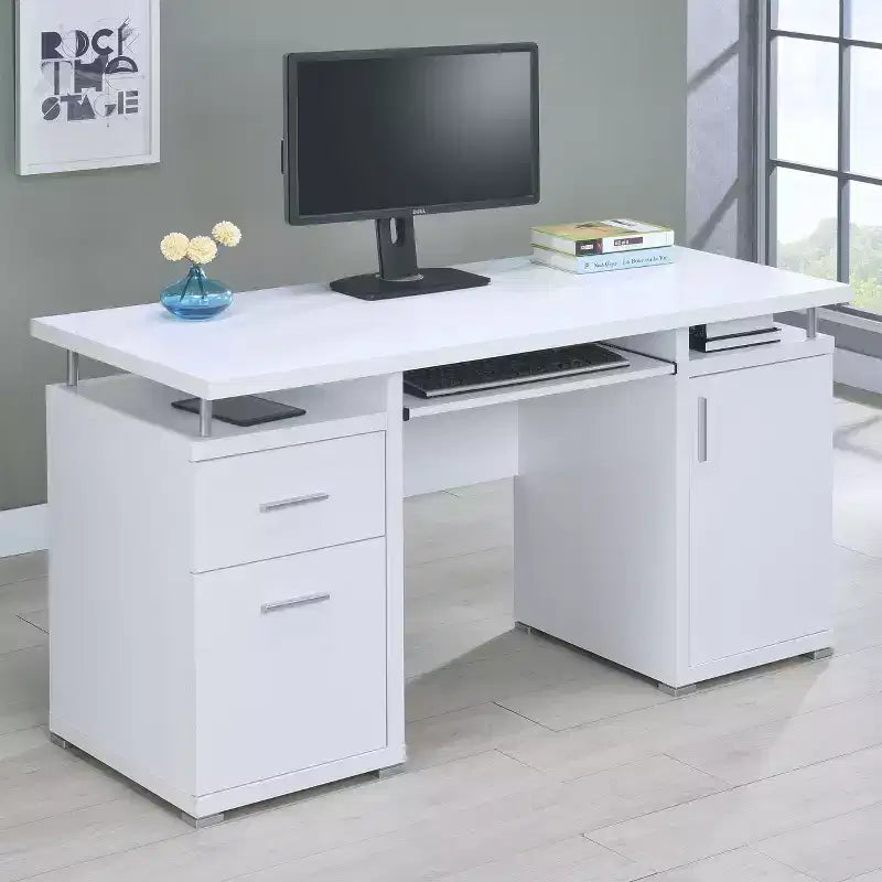 55 Holztisch, Bürotisch mit 2 Schubladen, 1 Schrank, 1 offenem Regal, 1 Tür, Arbeitstisch für Heimbüro, Arbeitszimmer, kleine Räume