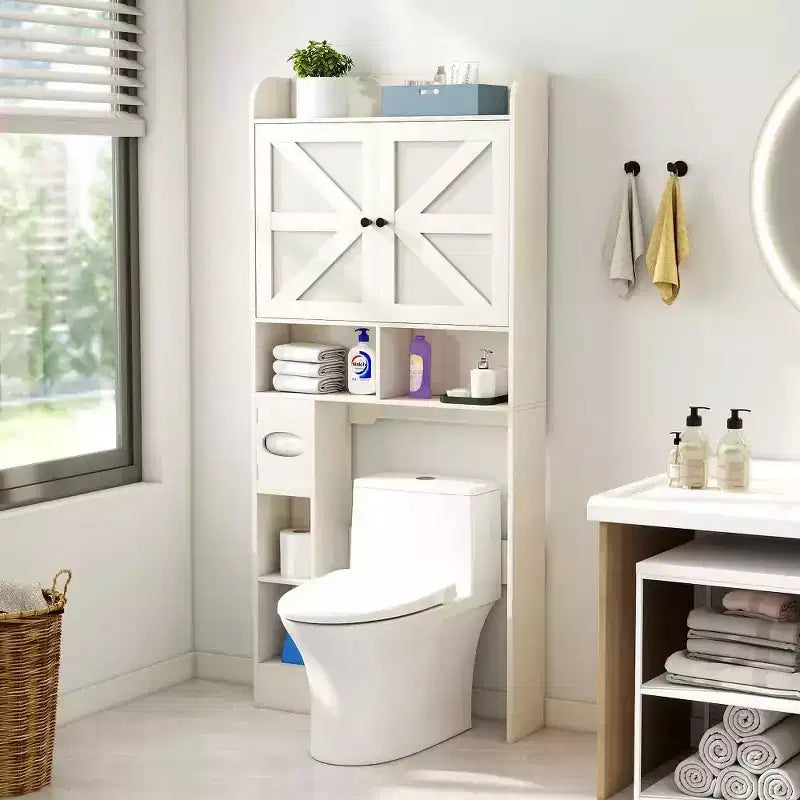 WC-Überbau-Badschrank mit Scheunentüren, Badezimmer-Organizer im Landhausstil mit Toilettenpapierhalter und verstellbarem Regal