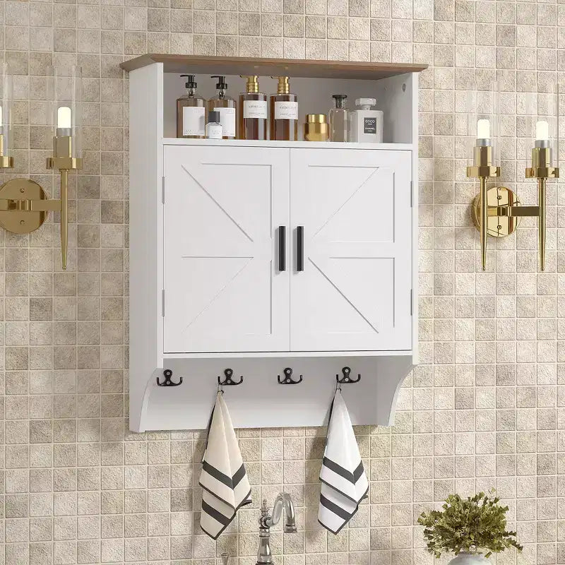 VECELO Wall-Mounted Bathroom Cabinet, Space-Saving Bathroom Storage Cabinet with Adjustable Shelves & Hooks for Bathroom or Entryway, White