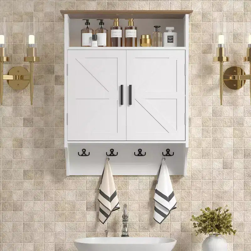 Wandhängender Badezimmerschrank, platzsparender Badezimmerschrank mit verstellbaren Einlegeböden und Haken für Bad oder Flur, Weiß