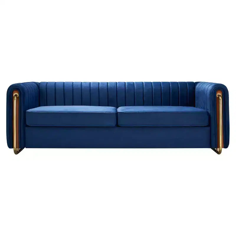 84 Moderne Samtpolster-Sofa, Couch mit goldenen Metallbeinen und gerollten Armlehnen für Wohnzimmer, Schlafzimmer oder Apartment