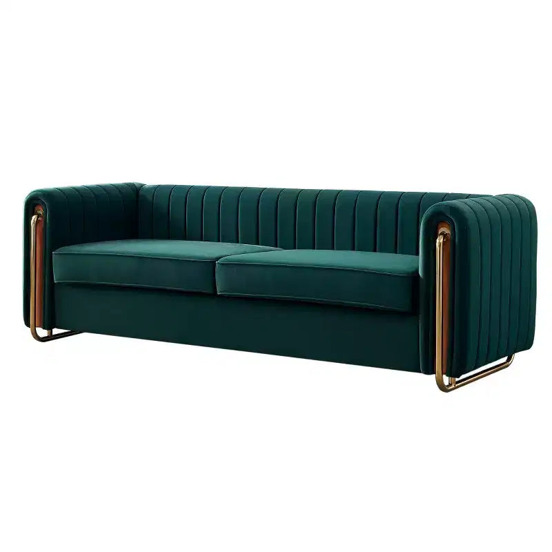 84 Moderne Samtpolster-Sofa, Couch mit goldenen Metallbeinen und gerollten Armlehnen für Wohnzimmer, Schlafzimmer oder Apartment