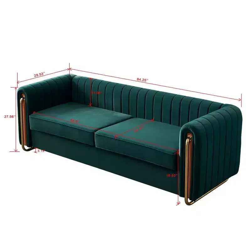 84 Moderne Samtpolster-Sofa, Couch mit goldenen Metallbeinen und gerollten Armlehnen für Wohnzimmer, Schlafzimmer oder Apartment
