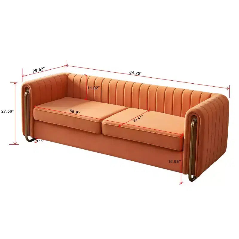 84 Moderne Samtpolster-Sofa, Couch mit goldenen Metallbeinen und gerollten Armlehnen für Wohnzimmer, Schlafzimmer oder Apartment