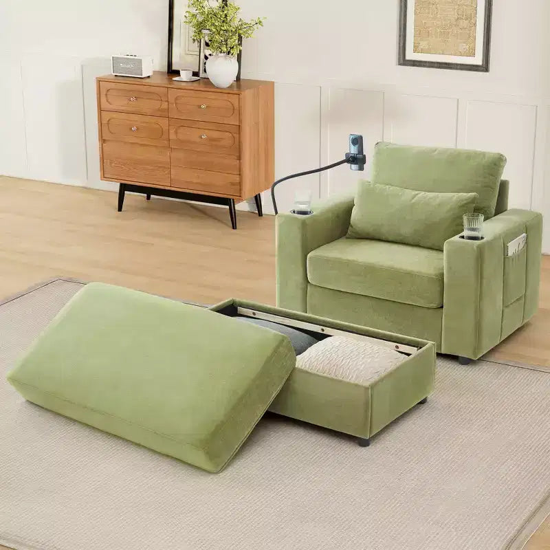 Modern Stil Sessel 42.5 Recamiere Sofa mit beweglichem Stauraum-Ottoman, zwei Getränkehaltern, Seitentaschen für Wohnzimmer Grün
