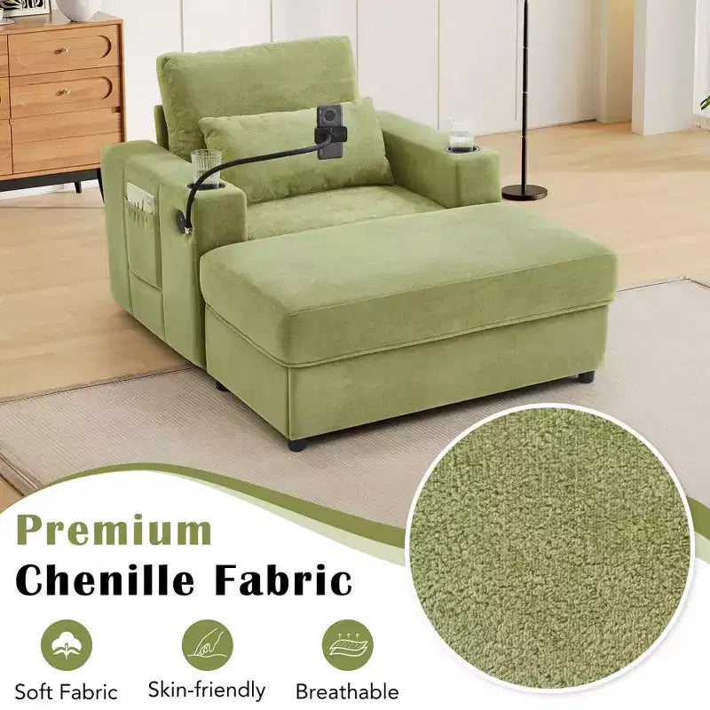 Modern Stil Sessel 42.5 Recamiere Sofa mit beweglichem Stauraum-Ottoman, zwei Getränkehaltern, Seitentaschen für Wohnzimmer Grün