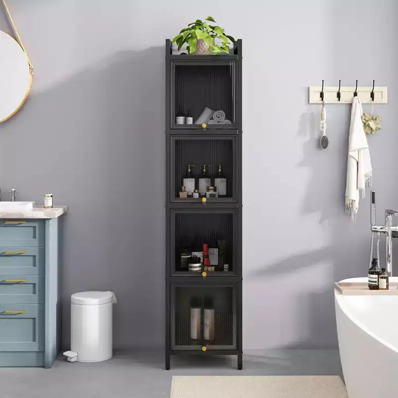 MAYEERTY Modern Four Tiers Glass Door Cabinet with Featuring Five Tiers Storage for Living Room Bathroom Black