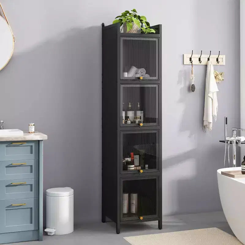 Moderner viertüriger Glasschrank mit fünf Ablagefächern für Wohnzimmer und Badezimmer, schwarz
