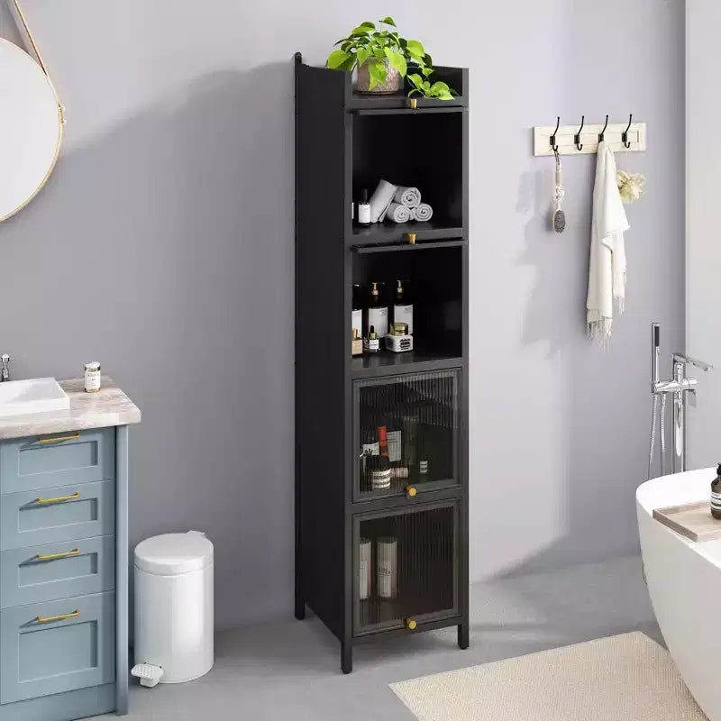 Moderner viertüriger Glasschrank mit fünf Ablagefächern für Wohnzimmer und Badezimmer, schwarz