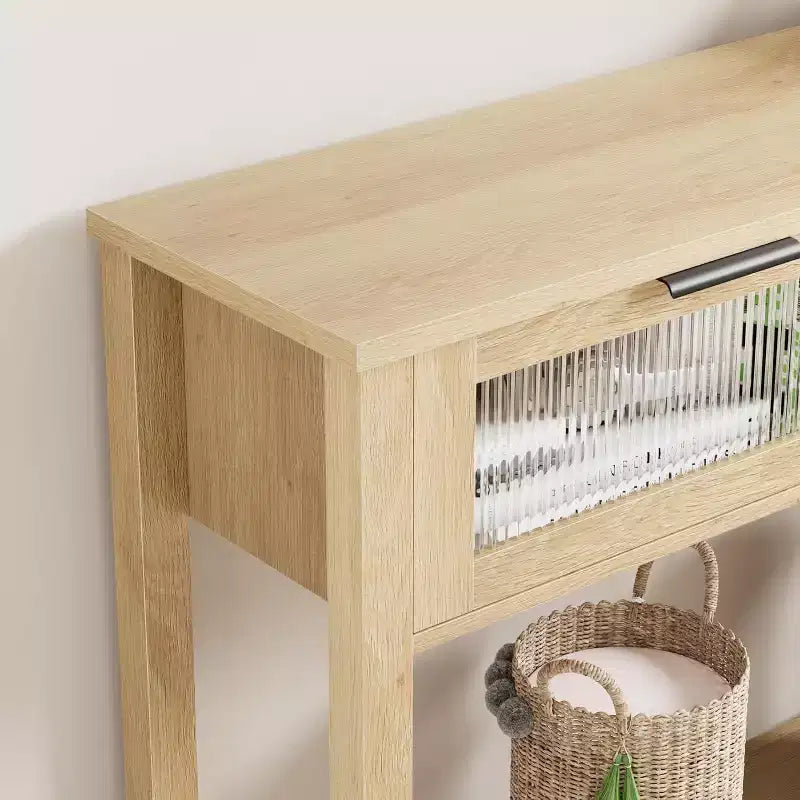 Rustikaler Bauernhaus-Konsolentisch, 43" Holz-Sofatisch mit 2 Schubladen mit Glasfront, offenem Ablagefach, moderne Akzent für den Flur
