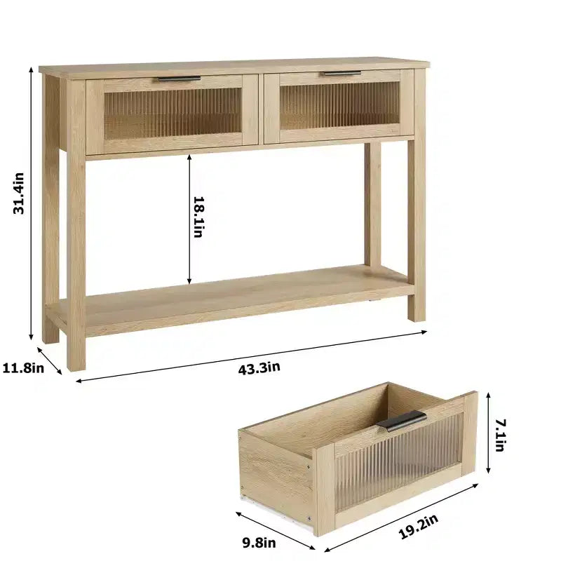 Rustikaler Bauernhaus-Konsolentisch, 43" Holz-Sofatisch mit 2 Schubladen mit Glasfront, offenem Ablagefach, moderne Akzent für den Flur