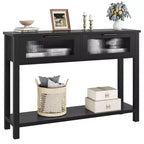 Acekool Rustic Farmhouse Console Table, 43 Wooden Sofa Table with 2 Glass-Front Drawers, 2-Tier Open Storage Shelf, Modern Accent for Hallway
