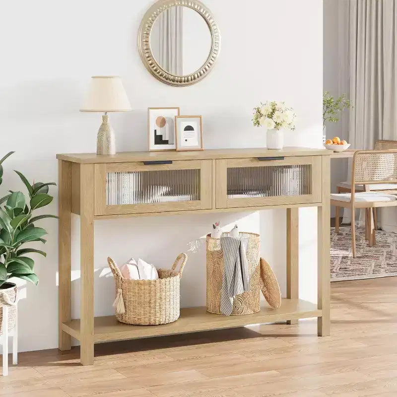 Rustikaler Bauernhaus-Konsolentisch, 43" Holz-Sofatisch mit 2 Schubladen mit Glasfront, offenem Ablagefach, moderne Akzent für den Flur