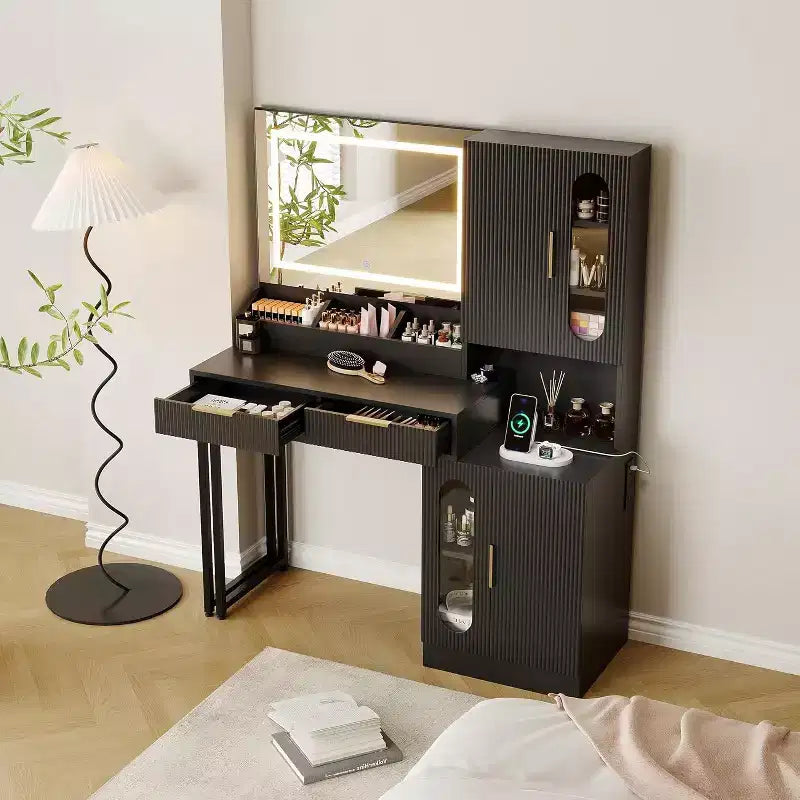 45 breiter Schminktisch mit großen Schränken, Schubladen, Schminktisch aus Holz, großer Stauraum für das Schlafzimmer