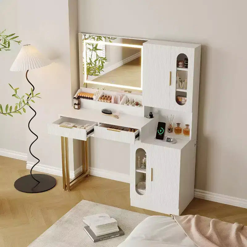 45 breiter Schminktisch mit großen Schränken, Schubladen, Schminktisch aus Holz, großer Stauraum für das Schlafzimmer