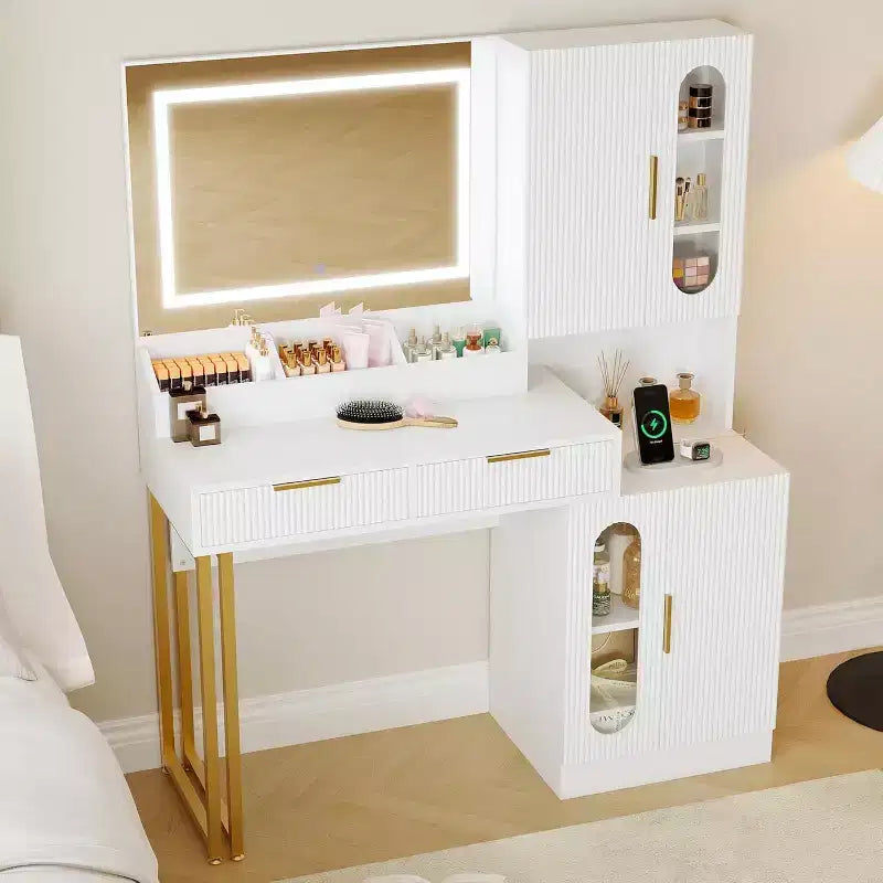 45 breiter Schminktisch mit großen Schränken, Schubladen, Schminktisch aus Holz, großer Stauraum für das Schlafzimmer