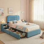 Bouclé Einzelbettrahmen mit LED-Kopfteil und Aufbewahrungsschubladen, Polsterplattformbett, Massivholzlattenrost, kein Boxspringbett erforderlich für Kinder und Jugendliche