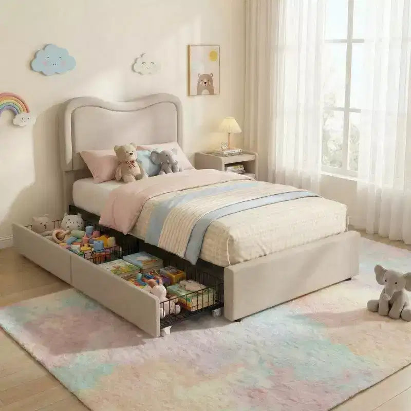 Bouclé-Einzelbettgestell mit LED-Kopfteil & Schubladen, gepolstertes Plattformbett, Massivholzlattenrost, kein Boxspringbett erforderlich für Kinder & Jugendliche