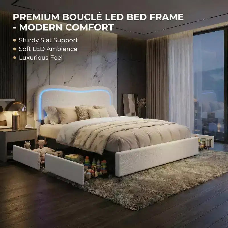 Bouclé-Einzelbettgestell mit LED-Kopfteil & Schubladen, gepolstertes Plattformbett, Massivholzlattenrost, kein Boxspringbett erforderlich für Kinder & Jugendliche