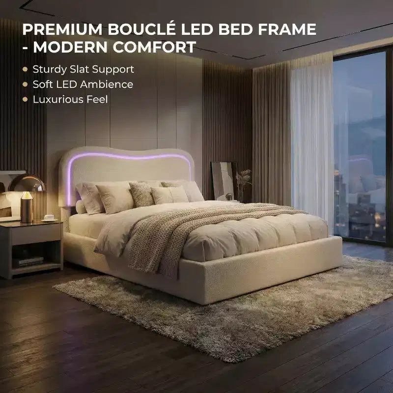 Bouclé-Einzelbettgestell mit LED-Kopfteil & Schubladen, gepolstertes Plattformbett, Massivholzlattenrost, kein Boxspringbett erforderlich für Kinder & Jugendliche