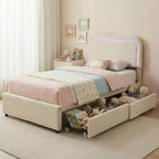 Bouclé Einzelbettrahmen mit LED-Kopfteil und Aufbewahrungsschubladen, Polsterplattformbett, Massivholzlattenrost, kein Boxspringbett erforderlich für Kinder und Jugendliche