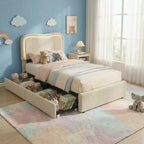 Boucle Twin Bed Frame with LED Headboard & Storage Drawers,Upholstered Platform Bed, Solid Wood Slats, No Box Spring Needed for Kids & Teens