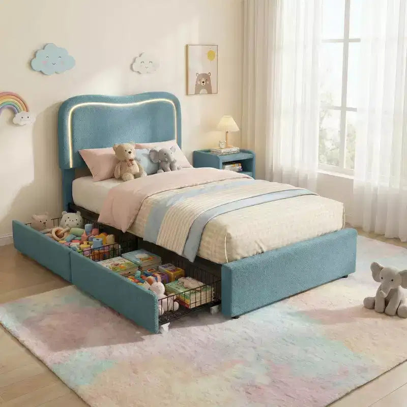 Bouclé-Einzelbettgestell mit LED-Kopfteil & Schubladen, gepolstertes Plattformbett, Massivholzlattenrost, kein Boxspringbett erforderlich für Kinder & Jugendliche