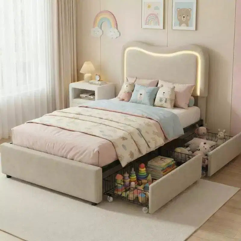 Bouclé-Einzelbettgestell mit LED-Kopfteil & Schubladen, gepolstertes Plattformbett, Massivholzlattenrost, kein Boxspringbett erforderlich für Kinder & Jugendliche
