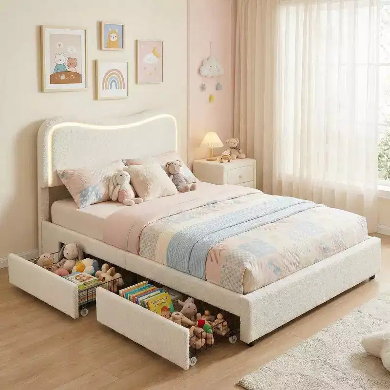 Bouclé-Einzelbettgestell mit LED-Kopfteil & Schubladen, gepolstertes Plattformbett, Massivholzlattenrost, kein Boxspringbett erforderlich für Kinder & Jugendliche