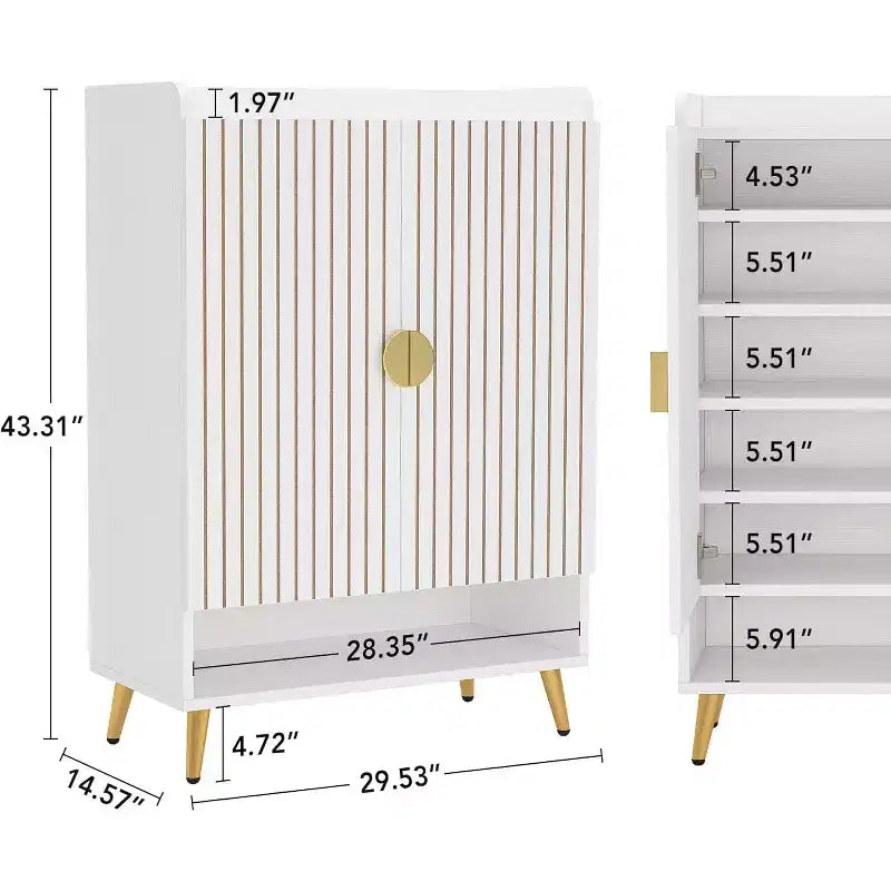 Holzschuhschrank mit Türen und verstellbaren Regalböden, Weiß & Gold, ideal zur Aufbewahrung von Schuhen im Eingangsbereich, Flur, Schrank, Wohnzimmer.