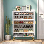 Holzschuhschrank mit Türen, verstellbaren Einlegeböden, Weiß & Gold, ideal für Eingangsbereich, Flur, Garderobe, Wohnzimmer zur Schuhaufbewahrung.