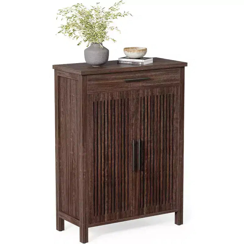 Schmaler Schuhschrank mit Schublade, freistehender schlanker Organizer aus Holz für Eingangsbereich, Flur, Garderobe, Schlafzimmer, Wohnzimmer, Walnuss