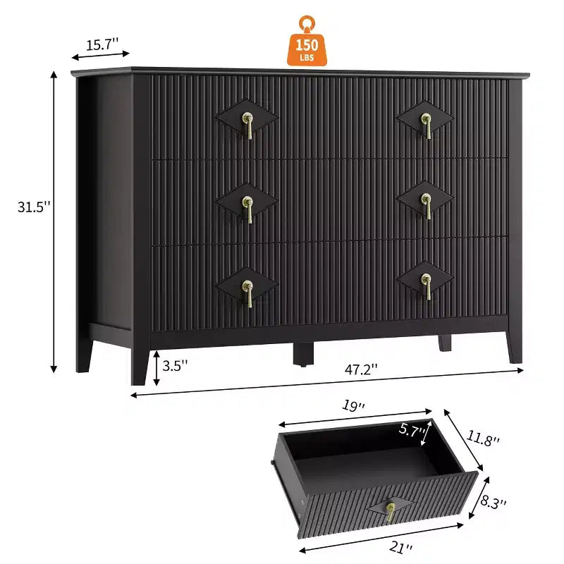 54 Zoll breite Kommode, moderne Kommode mit Metallgriffen für Schlafzimmeraufbewahrung, Schwarz