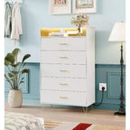 5-Drawer Dresser with LED Lights, App-Controlled Charging Station for Living Room, White