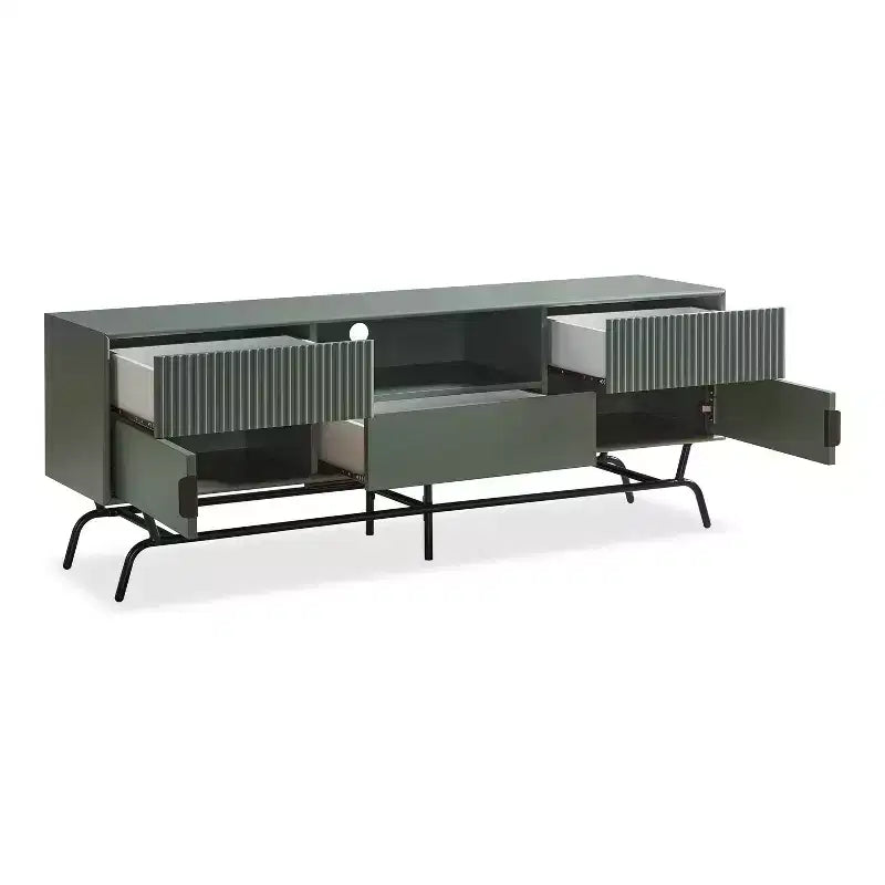 Modernes TV-Board für Fernseher bis 65 Zoll mit Schrank, Salbeigrün, Metallrahmen, Kabelmanagement