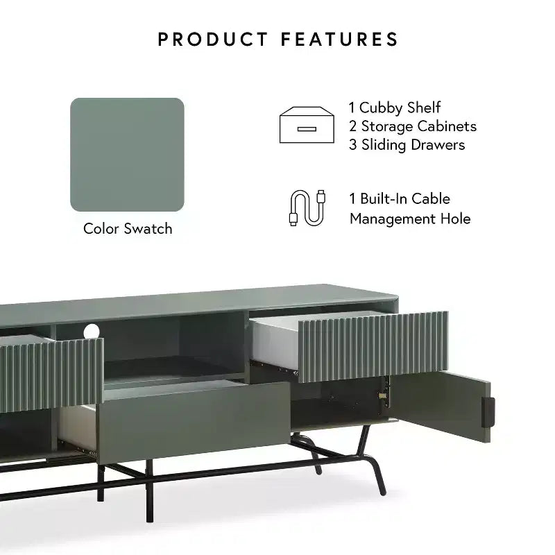 Modernes TV-Board für Fernseher bis 65 Zoll mit Schrank, Salbeigrün, Metallrahmen, Kabelmanagement