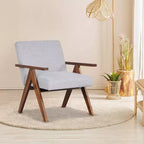 1 Moderner Akzentsessel Leinenstoff-Sessel mit massivem Akazienholzgestell Beige/Grau