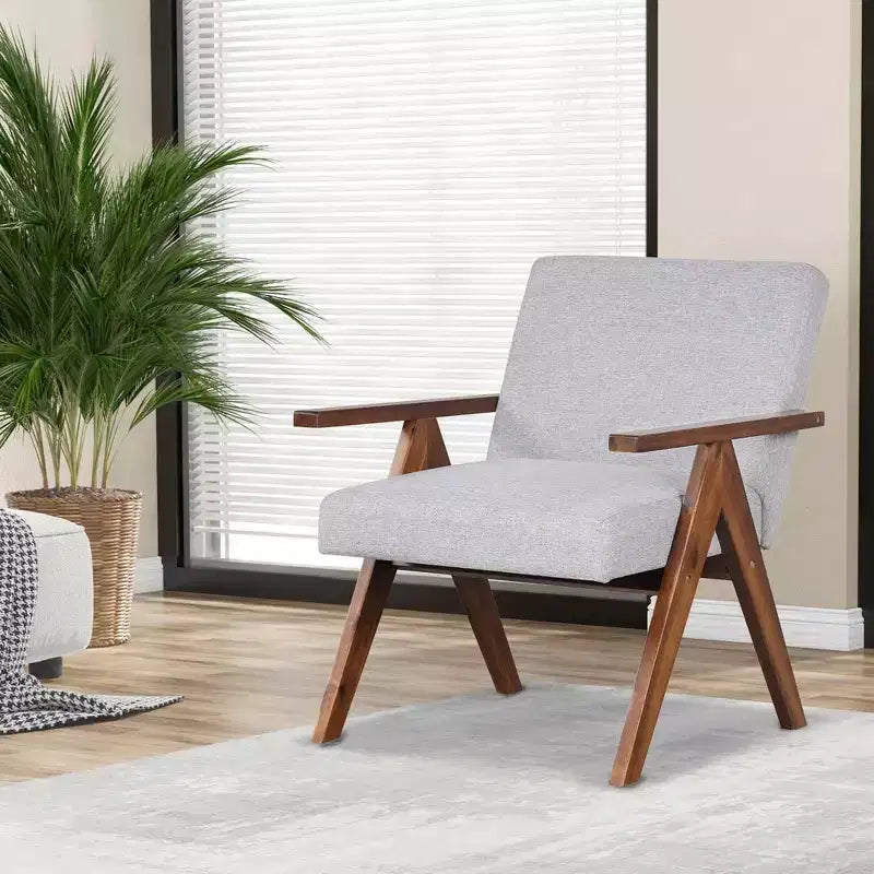 1 Stk. Moderner Akzentstuhl Leinenstoff Sessel mit Gestell aus massivem Akazienholz Beige/Grau