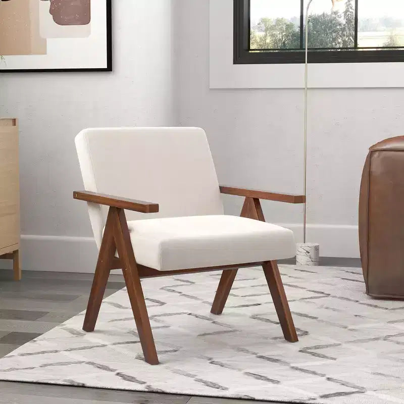 1 Stk. Moderner Akzentstuhl Leinenstoff Sessel mit Gestell aus massivem Akazienholz Beige/Grau
