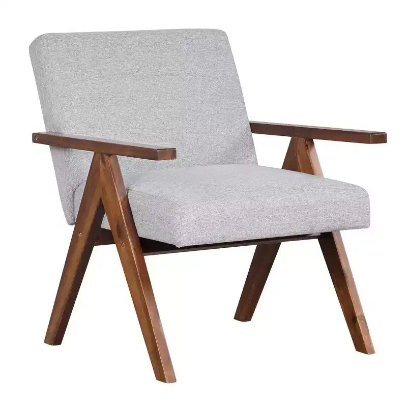 1 Stk. Moderner Akzentstuhl Leinenstoff Sessel mit Gestell aus massivem Akazienholz Beige/Grau