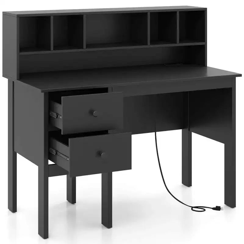 48 Computertisch mit Steckdosen Type-C Regal & 2 Schubladen Schwarz/Weiß