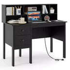 Costway 48 Computer Desk with Power Outlets Type-C 5-Cubby Hutch & 2 Storage Drawers Black/White