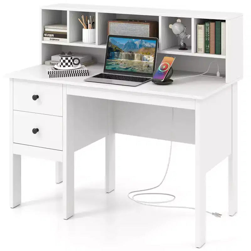48 Computertisch mit Steckdosen Type-C Regal & 2 Schubladen Schwarz/Weiß